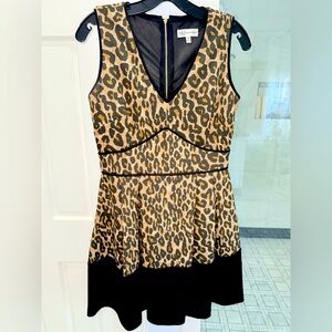 Neiman Marcus Couture Leopard Print V-Neck Mini Dress in Tan and Black